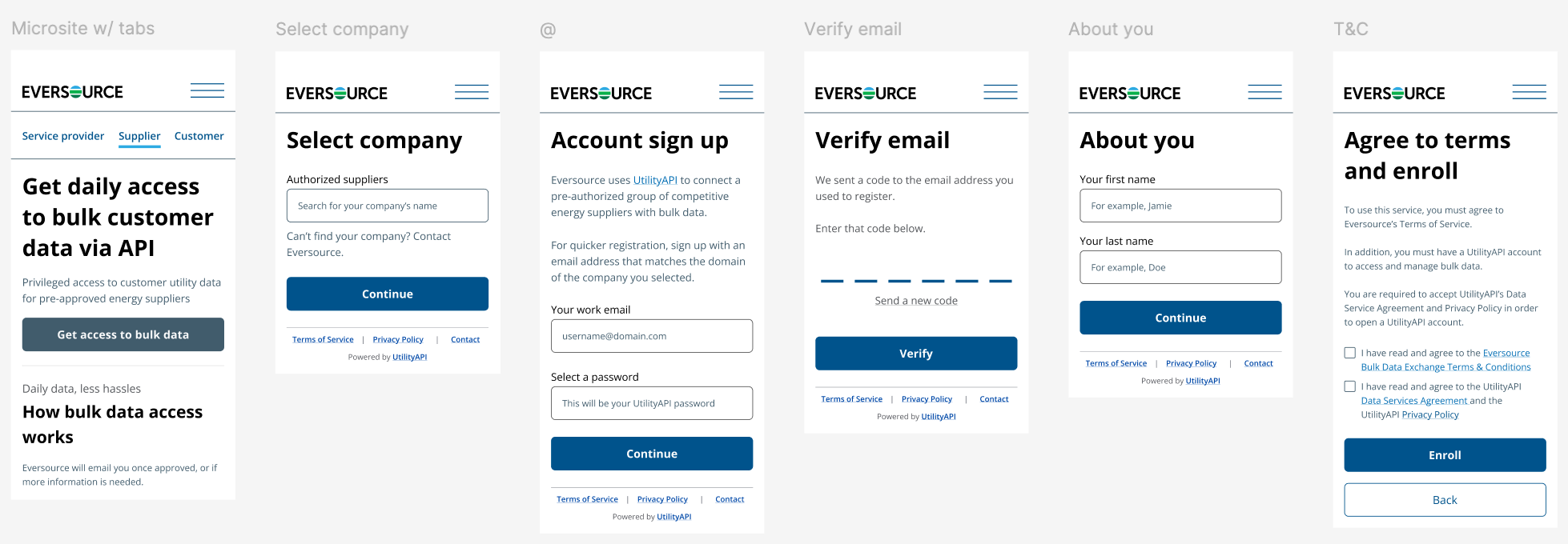 Screenshots of multi-step supplier registration